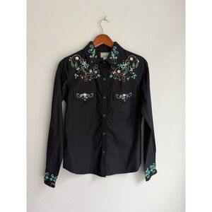 VTG Bleu Jeans Co Womens Black Embroidered Beaded Western Snap Shirt Small